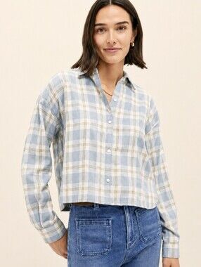 Tuckernuck Jasper Cropped Flannel Shirt Button Down Blue Plaid Women's Sz XL